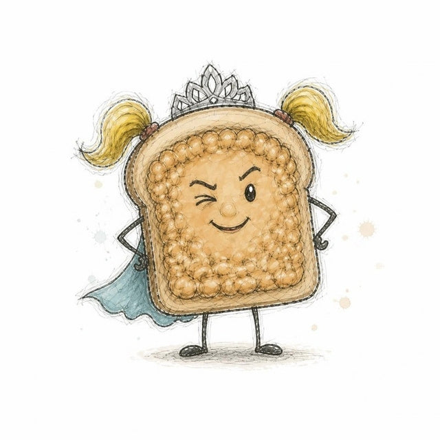 Beans on toast Cheeky Bites character with blonde pigtails, a tiara and a cape, hands on hips