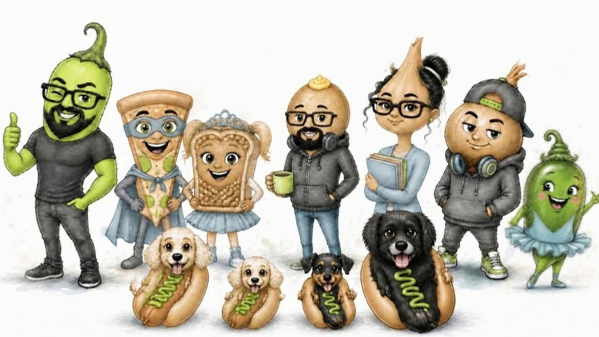 Oliver's Kitchen family as Cheeky Bites food characters lined up with four hot dog pups