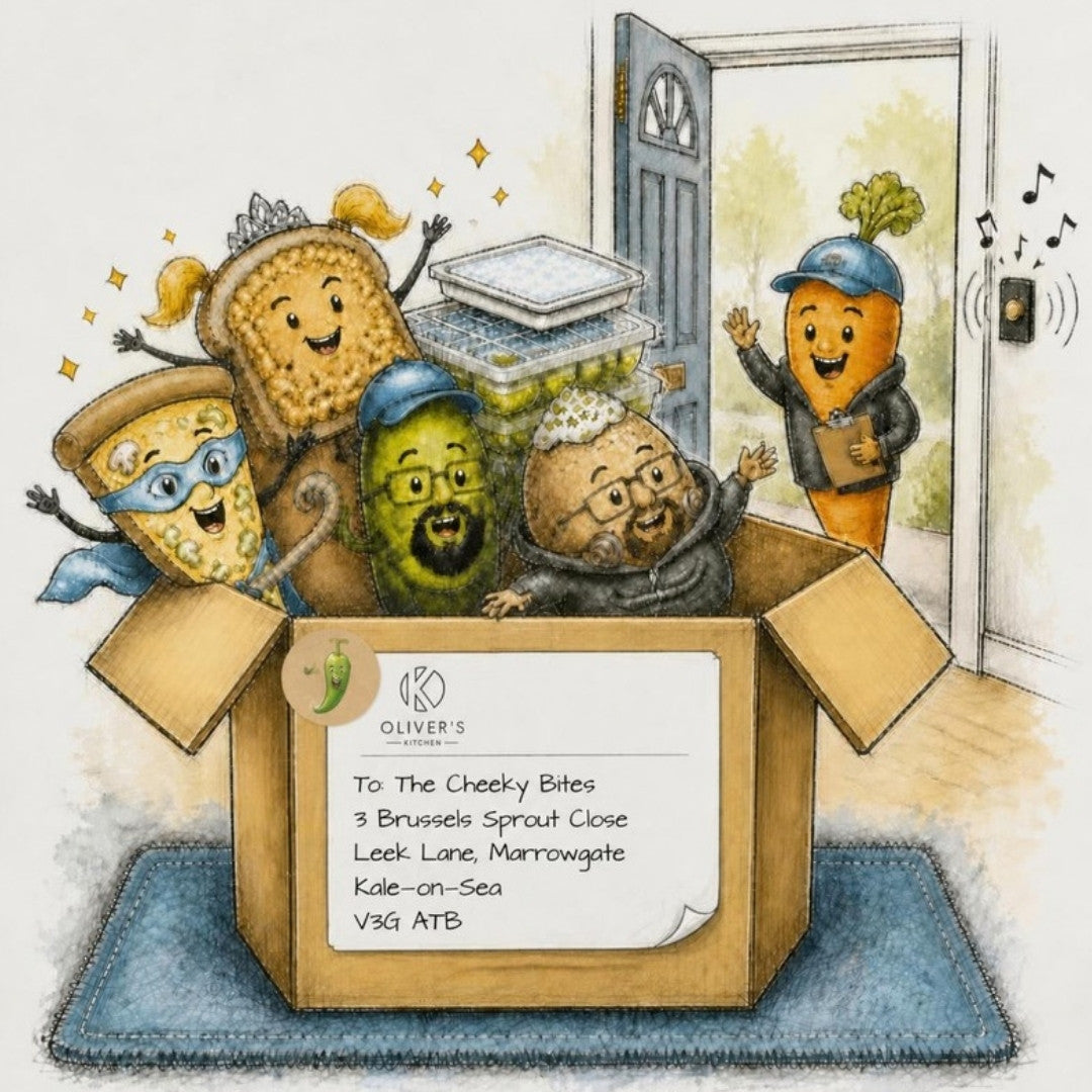 Pencil sketch: a smiling delivery carrot at the open door as the food characters burst out of an Oliver's Kitchen box with a chopping board and ice cube trays