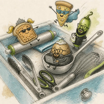 Pencil sketch: spa day in a drawer of Oliver's Kitchen tongs, scissors, whisk, scoop and rolling pin, with the toast, pizza, chilli and potato characters