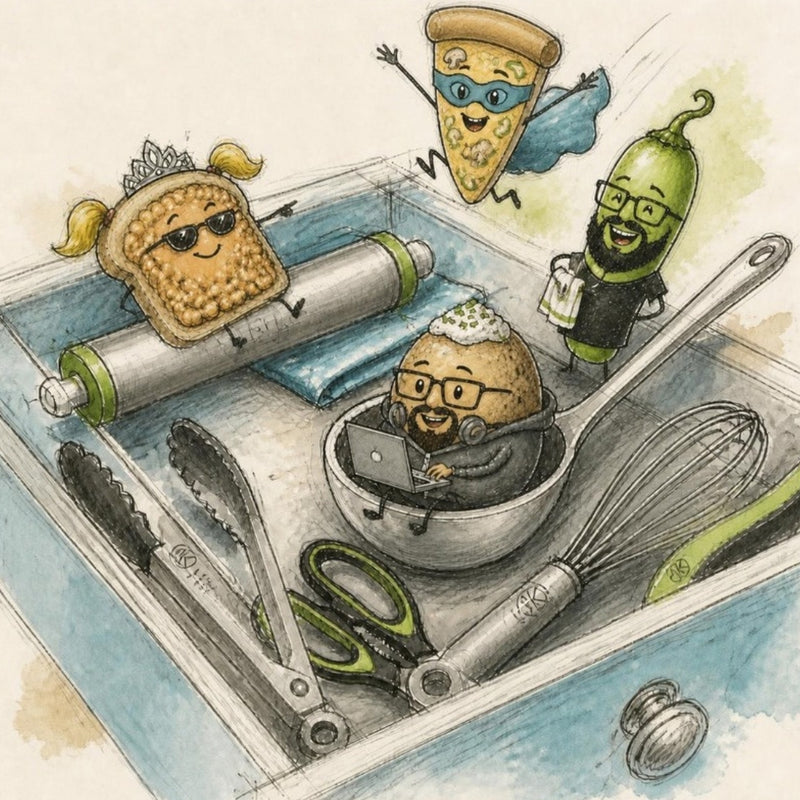 Kitchen accessories from Oliver's Kitchen - tongs, scissors, whisk and scoop on a drawer spa day with the Cheeky Bites